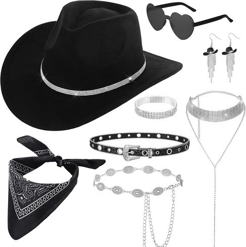 8 Pcs Western Cowgirl Accessories Rhinestone Cowboy Hat Belt Sunglasses Earrings Bracelet Bandana Cosplay Costume in Saudi Arabia