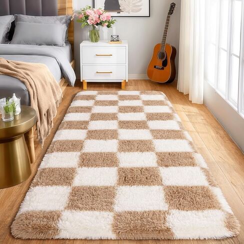 8x10 Area Rugs for Living Room, Fluffy Plush Checkered Rug for Bedroom, Shag Non Slip Soft Furry Large Carpet for Kids Room Nursery Home Decor, Beige and Cream White in Saudi Arabia