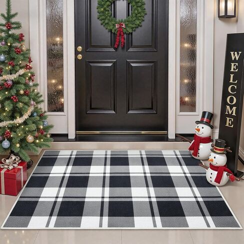 AROGAN Small Checkered Entry Rug, 2x3 Jute Rug Front Door Mat, Washable Non Slip Area Rug,Farmhouse Design Neutral Geometric Low Pile Rugs for Floor Carpet Entryway Porch Doorway, Black and White in Saudi Arabia