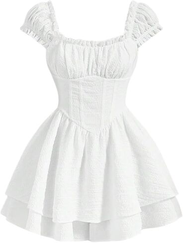 WDIRARA Women's Ruched Bust Cap Sleeve Romper Frill Trim Layered Ruffle Coquette Shorts Jumpsuits in Saudi Arabia