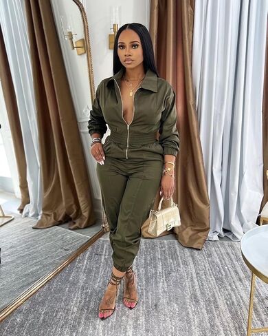 بدلة قفز نسائية بأكمام طويلة وسحاب علوي رفيع مع سحاب علوي، بدلة بجيب مثيرة in Kuwait