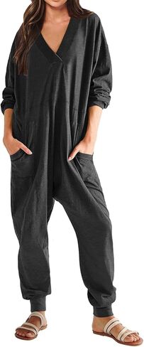 Women's Onesie Jumpsuits Long Sleeve V Neck Rompers Baggy Overalls Pajamas Long Wide Leg Pants Jumpers with Pocket in Saudi Arabia