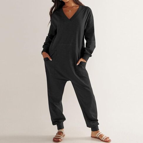 Women's Onesie Jumpsuits Long Sleeve V Neck Rompers Baggy Overalls Pajamas Long Wide Leg Pants Jumpers with Pocket in Saudi Arabia