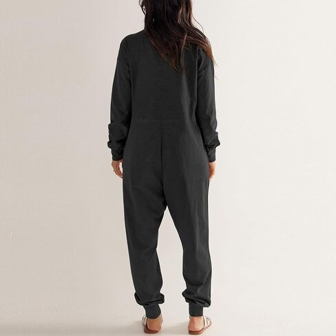 Women's Onesie Jumpsuits Long Sleeve V Neck Rompers Baggy Overalls Pajamas Long Wide Leg Pants Jumpers with Pocket in Saudi Arabia