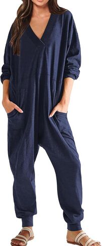 Women's Onesie Jumpsuits Long Sleeve V Neck Rompers Baggy Overalls Pajamas Long Wide Leg Pants Jumpers with Pocket in Saudi Arabia