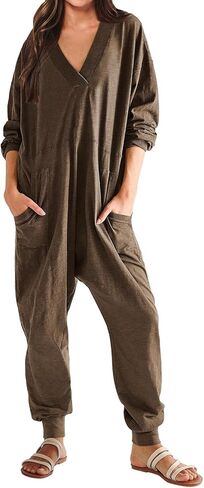 Women's Onesie Jumpsuits Long Sleeve V Neck Rompers Baggy Overalls Pajamas Long Wide Leg Pants Jumpers with Pocket in Saudi Arabia