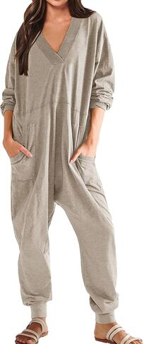 Women's Onesie Jumpsuits Long Sleeve V Neck Rompers Baggy Overalls Pajamas Long Wide Leg Pants Jumpers with Pocket in Saudi Arabia