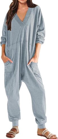 Women's Onesie Jumpsuits Long Sleeve V Neck Rompers Baggy Overalls Pajamas Long Wide Leg Pants Jumpers with Pocket in Saudi Arabia