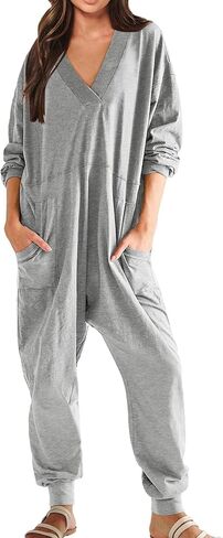Women's Onesie Jumpsuits Long Sleeve V Neck Rompers Baggy Overalls Pajamas Long Wide Leg Pants Jumpers with Pocket in Saudi Arabia