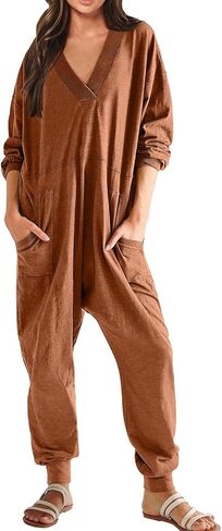 Women's Onesie Jumpsuits Long Sleeve V Neck Rompers Baggy Overalls Pajamas Long Wide Leg Pants Jumpers with Pocket in Saudi Arabia