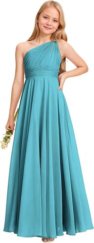 One Shoulder Chiffon Junior Bridesmaid Dresses Long A-Line Pleated Flower Girl Dress for Teen Girls Pageant Dress in Saudi Arabia