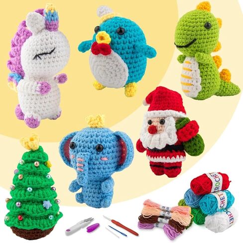 طقم الكروشيه للمبتدئين - 6 PCS Crochet Animal Kit ، Kids Knitting Kit مع مقاطع فيديو خطوة بخطوة ، خيوط ، خطاف الكروشيه ، مجموعة الحياكة للمبتدئين ، هدية عطلة عيد ميلاد رائعة (مجموعة الحياكة TST) in Saudi Arabia