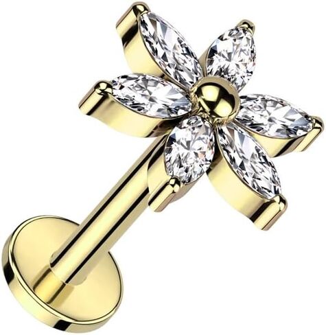Pierced Owl 16GA ASTM F-136 Implant Grade Titanium Internally Threaded CZ Crystal Multi Petal Flower Flat Back Stud (Gold Tone) in Saudi Arabia