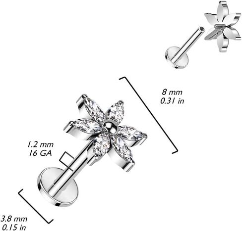 Pierced Owl 16GA ASTM F-136 Implant Grade Titanium Internally Threaded CZ Crystal Multi Petal Flower Flat Back Stud (Gold Tone) in Saudi Arabia