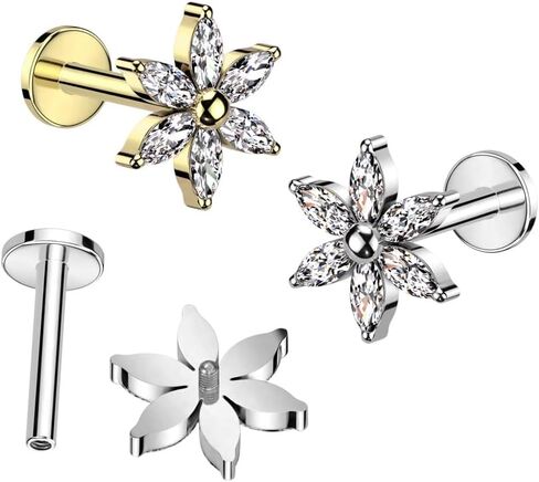 Pierced Owl 16GA ASTM F-136 Implant Grade Titanium Internally Threaded CZ Crystal Multi Petal Flower Flat Back Stud (Gold Tone) in Saudi Arabia