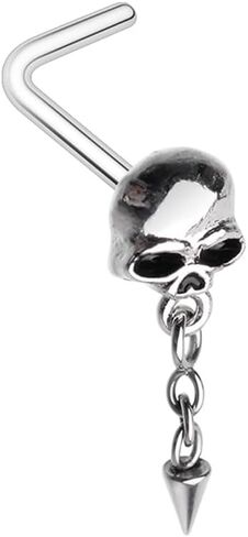 Pierced Owl 20GA Stainless Steel Skull with Dangling Chain Spike L-Bend Nose Stud in Saudi Arabia