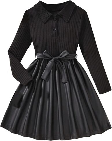 SHENHE Girl's Ribbed Long Sleeve PU Leather Patchwork Belted A Line Flowy Skater Dress in Saudi Arabia