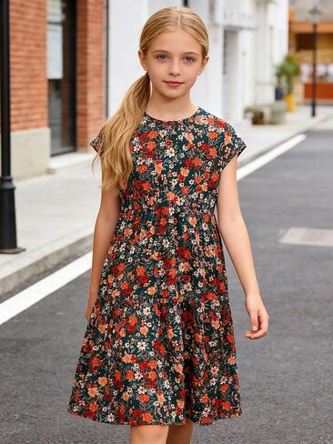 Girls' Short Sleeve Floral Dress, Summer Casual Cap Sleeve Print Sundress with Ruffled Waist for 9-12Y in Saudi Arabia