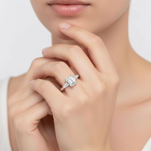 Moissanite Rings for Women 2 CT Emerald Cut Engagement Ring 3 Stone 925 Sterling Silver Rings with 18k White Gold Plated in Saudi Arabia