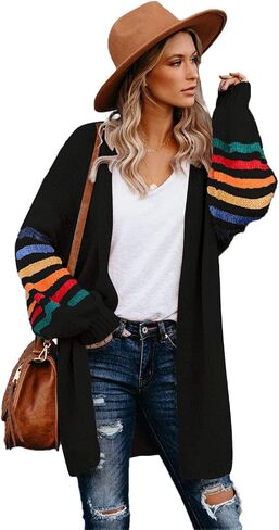 Meufam Women Striped Color Block Long Sleeve Open Front Long Cardigan Sweater Loose Lightweight Knit Sweaters Coat Outwear in Saudi Arabia