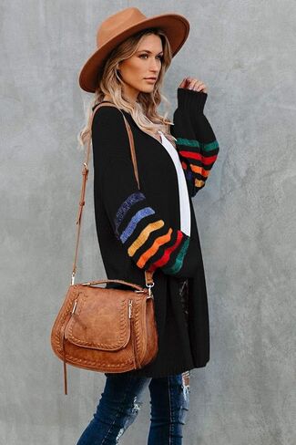 Meufam Women Striped Color Block Long Sleeve Open Front Long Cardigan Sweater Loose Lightweight Knit Sweaters Coat Outwear in Saudi Arabia