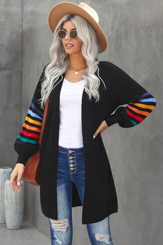 Meufam Women Striped Color Block Long Sleeve Open Front Long Cardigan Sweater Loose Lightweight Knit Sweaters Coat Outwear in Saudi Arabia