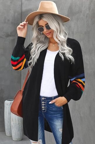 Meufam Women Striped Color Block Long Sleeve Open Front Long Cardigan Sweater Loose Lightweight Knit Sweaters Coat Outwear in Saudi Arabia
