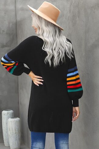Meufam Women Striped Color Block Long Sleeve Open Front Long Cardigan Sweater Loose Lightweight Knit Sweaters Coat Outwear in Saudi Arabia