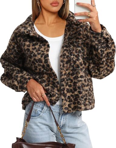 Darong Women's Cropped Fuzzy Fleece Jacket Shacket Button Down Plaid Leopard Jackets Fall Winter Soft Cozy Coat in Saudi Arabia