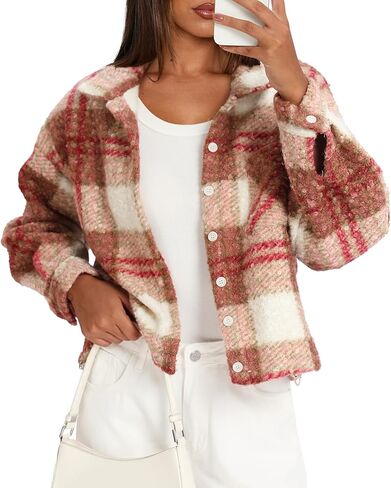 Darong Women's Cropped Fuzzy Fleece Jacket Shacket Button Down Plaid Leopard Jackets Fall Winter Soft Cozy Coat in Saudi Arabia