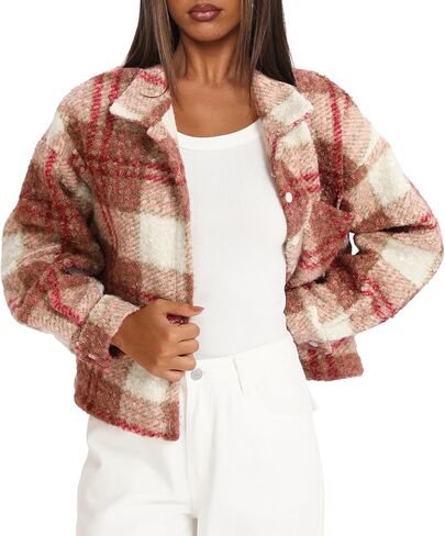 Darong Women's Cropped Fuzzy Fleece Jacket Shacket Button Down Plaid Leopard Jackets Fall Winter Soft Cozy Coat in Saudi Arabia