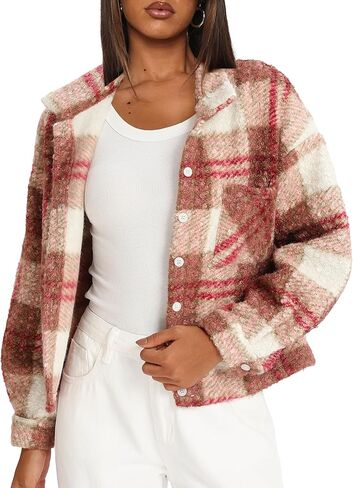 Darong Women's Cropped Fuzzy Fleece Jacket Shacket Button Down Plaid Leopard Jackets Fall Winter Soft Cozy Coat in Saudi Arabia