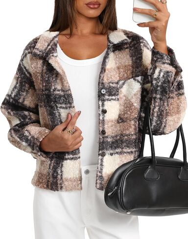 Darong Women's Cropped Fuzzy Fleece Jacket Shacket Button Down Plaid Leopard Jackets Fall Winter Soft Cozy Coat in Saudi Arabia