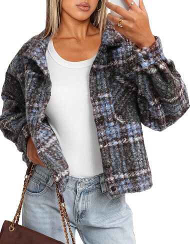 Darong Women's Cropped Fuzzy Fleece Jacket Shacket Button Down Plaid Leopard Jackets Fall Winter Soft Cozy Coat in Saudi Arabia