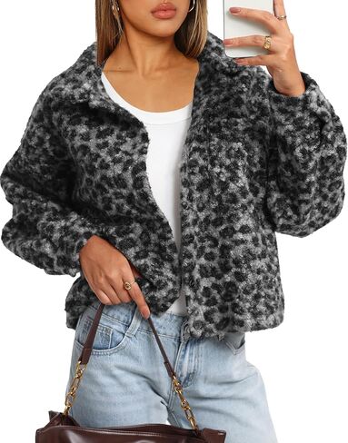 Darong Women's Cropped Fuzzy Fleece Jacket Shacket Button Down Plaid Leopard Jackets Fall Winter Soft Cozy Coat in Saudi Arabia