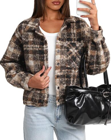 Darong Women's Cropped Fuzzy Fleece Jacket Shacket Button Down Plaid Leopard Jackets Fall Winter Soft Cozy Coat in Saudi Arabia