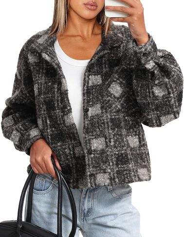 Darong Women's Cropped Fuzzy Fleece Jacket Shacket Button Down Plaid Leopard Jackets Fall Winter Soft Cozy Coat in Saudi Arabia