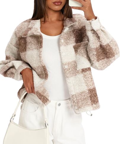 Darong Women's Cropped Fuzzy Fleece Jacket Shacket Button Down Plaid Leopard Jackets Fall Winter Soft Cozy Coat in Saudi Arabia
