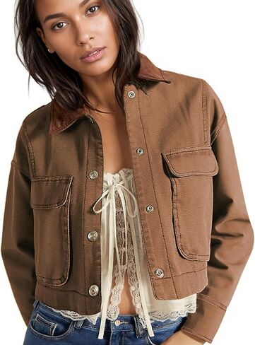 HangNiFang Cropped Barn Jacket for Women 2025 Contrast Collar Outwear Long Sleeve Cotton Short Cargo Jacket with Pockets in Saudi Arabia
