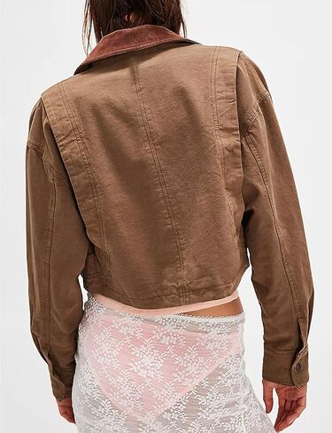HangNiFang Cropped Barn Jacket for Women 2025 Contrast Collar Outwear Long Sleeve Cotton Short Cargo Jacket with Pockets in Saudi Arabia