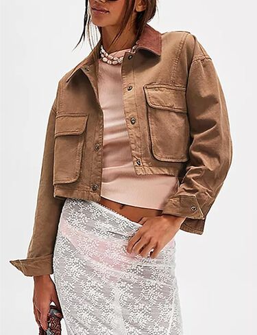 HangNiFang Cropped Barn Jacket for Women 2025 Contrast Collar Outwear Long Sleeve Cotton Short Cargo Jacket with Pockets in Saudi Arabia