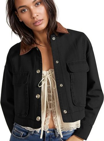 HangNiFang Cropped Barn Jacket for Women 2025 Contrast Collar Outwear Long Sleeve Cotton Short Cargo Jacket with Pockets in Saudi Arabia