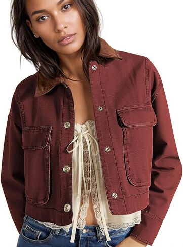 HangNiFang Cropped Barn Jacket for Women 2025 Contrast Collar Outwear Long Sleeve Cotton Short Cargo Jacket with Pockets in Saudi Arabia