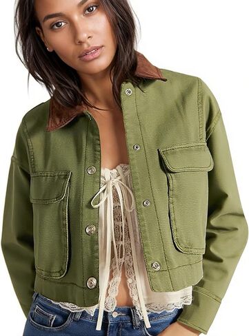 HangNiFang Cropped Barn Jacket for Women 2025 Contrast Collar Outwear Long Sleeve Cotton Short Cargo Jacket with Pockets in Saudi Arabia