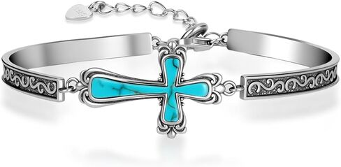 Vintage Genuine Natural Real Turquoise Cross Bracelet 925 Sterling Silver Oxidized Finish Inspirational Religion Christian Faith Jewelry for Women in Kuwait