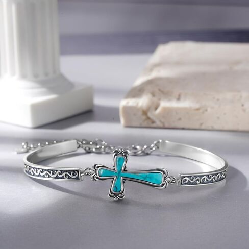 Vintage Genuine Natural Real Turquoise Cross Bracelet 925 Sterling Silver Oxidized Finish Inspirational Religion Christian Faith Jewelry for Women in Kuwait