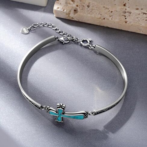 Vintage Genuine Natural Real Turquoise Cross Bracelet 925 Sterling Silver Oxidized Finish Inspirational Religion Christian Faith Jewelry for Women in Kuwait