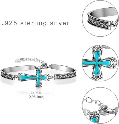 Vintage Genuine Natural Real Turquoise Cross Bracelet 925 Sterling Silver Oxidized Finish Inspirational Religion Christian Faith Jewelry for Women in Kuwait