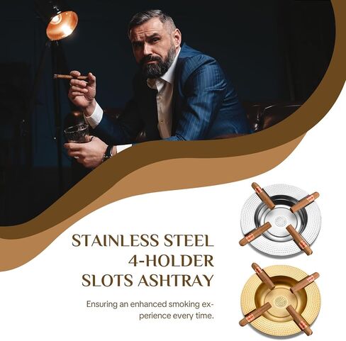 منفضة سجائر سيجار 4 فتحات غير قابلة للكسر مقاس حلقة كبيرة للديكور الخارجي/الداخلي مع 4 حوامل سيجار صينية رماد معدنية للرجال (فضي) in Kuwait