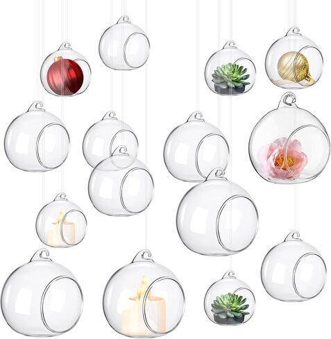 24 Pcs 5.3'' 3.9'' 3.15'' Hanging Glass Tealights Candle Holder Large Globes Fillable Plant Clear Terrarium Orbs Air Plants Holder with Fishing Line Wedding Centerpiece Tree Decor in Saudi Arabia
